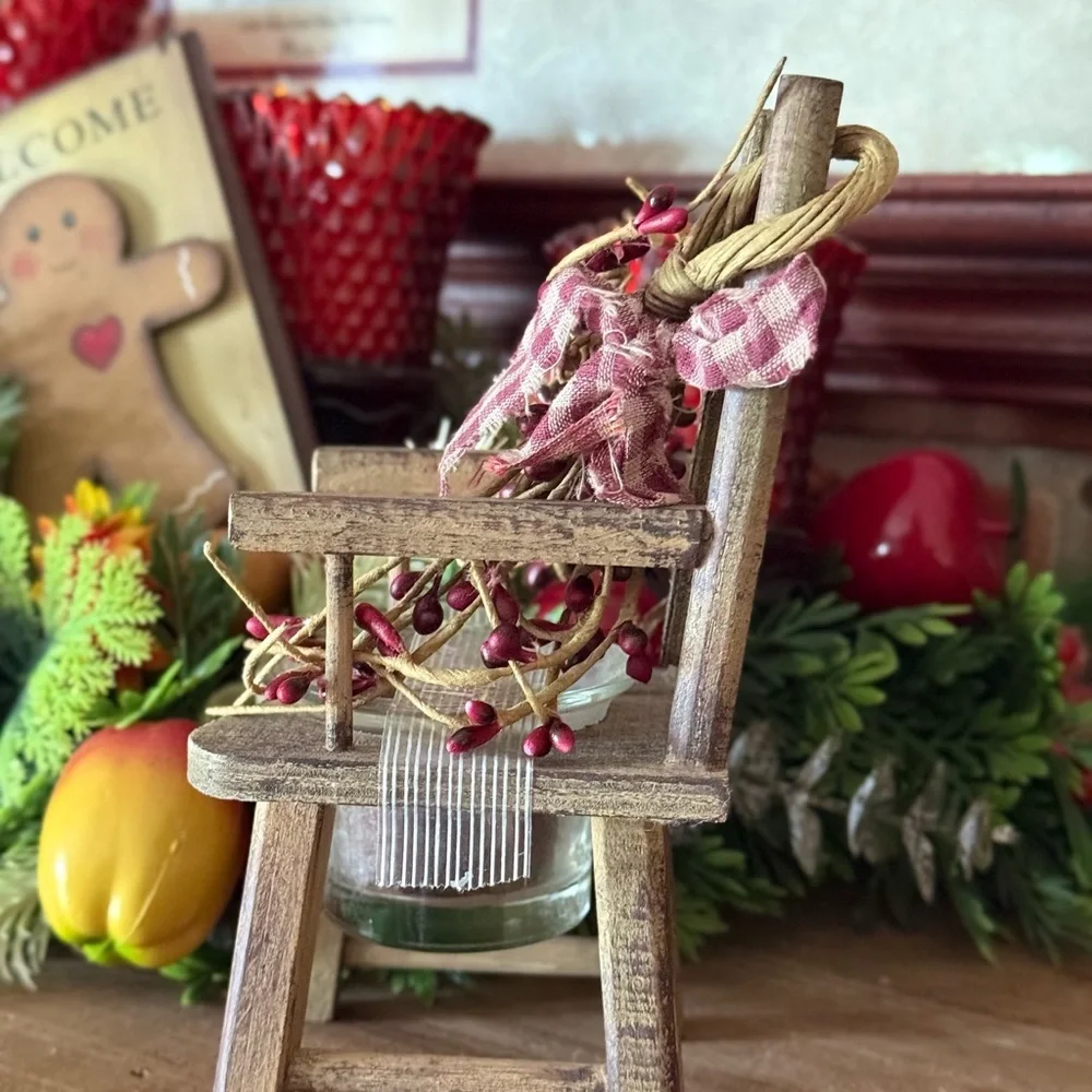 1994 Rustic Wooden Holiday Tealight Chair with Red Berry Garland